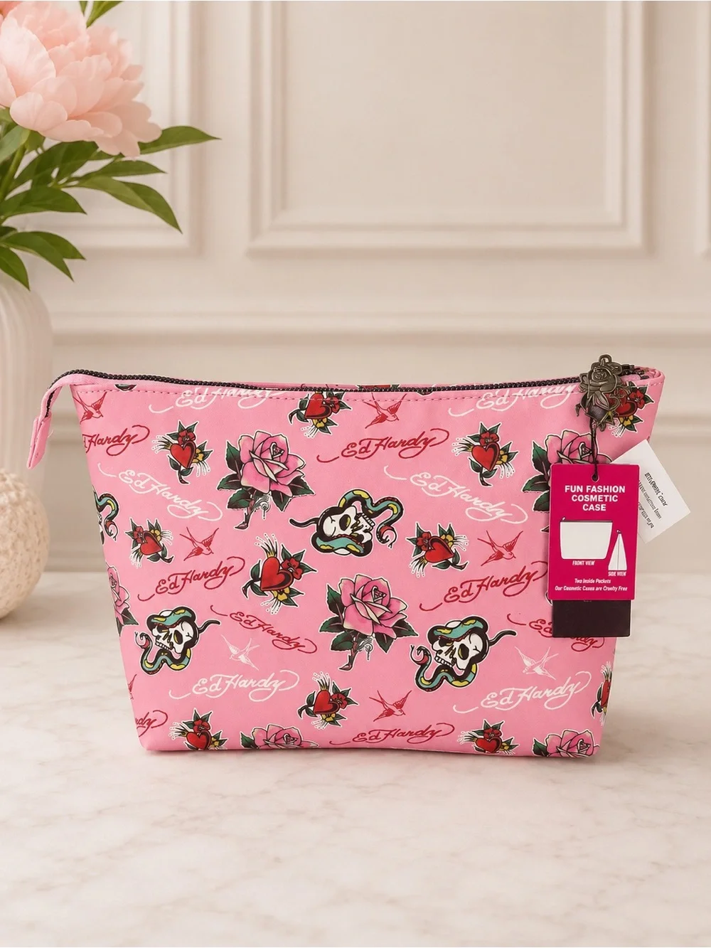 Ed Hardy Pink Tattoo Print Cosmetic Makeup Bag Rose Skull Heart Zip Pouch Y2K NW